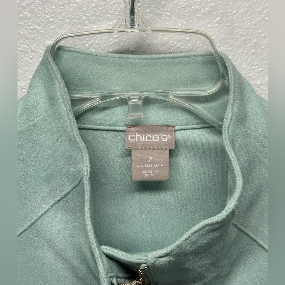 Chicos Micro Faux Suede Hidden Zip Moto Full Zip Blazer Jacket  Seamist Green 12 - Picture 6 of 11